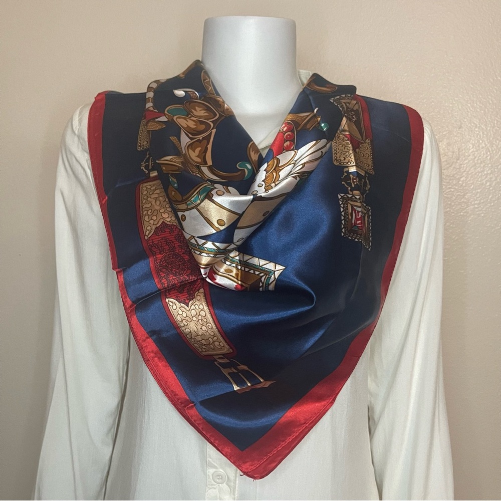 Navy  blue multi color silky satin multi purpose square bandana scarf